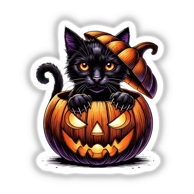 Spooky black cat peeking out of glowing Halloween pumpkin