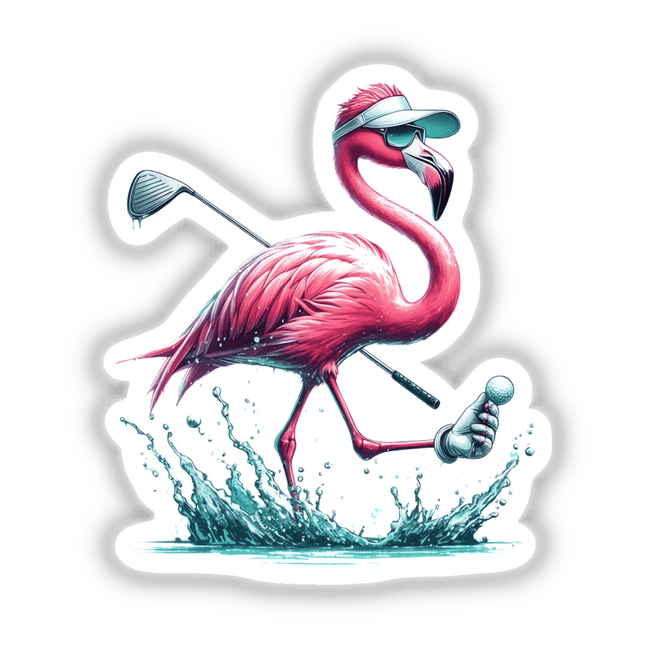 Flamingo Splash Golfer: An illustration of a flamingo wearing a hat and holding a golf club, available as stickers or digital artwork from Decal Venue.