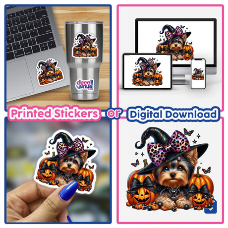Digital Halloween artwork of a Yorkie dog wearing leopard and black bows, surrounded by pumpkins and other spooky elements. The artwork is displayed on various devices and products, including a laptop, mug, and mobile screens, showcasing the versatility of this digital design from Ella Designz.