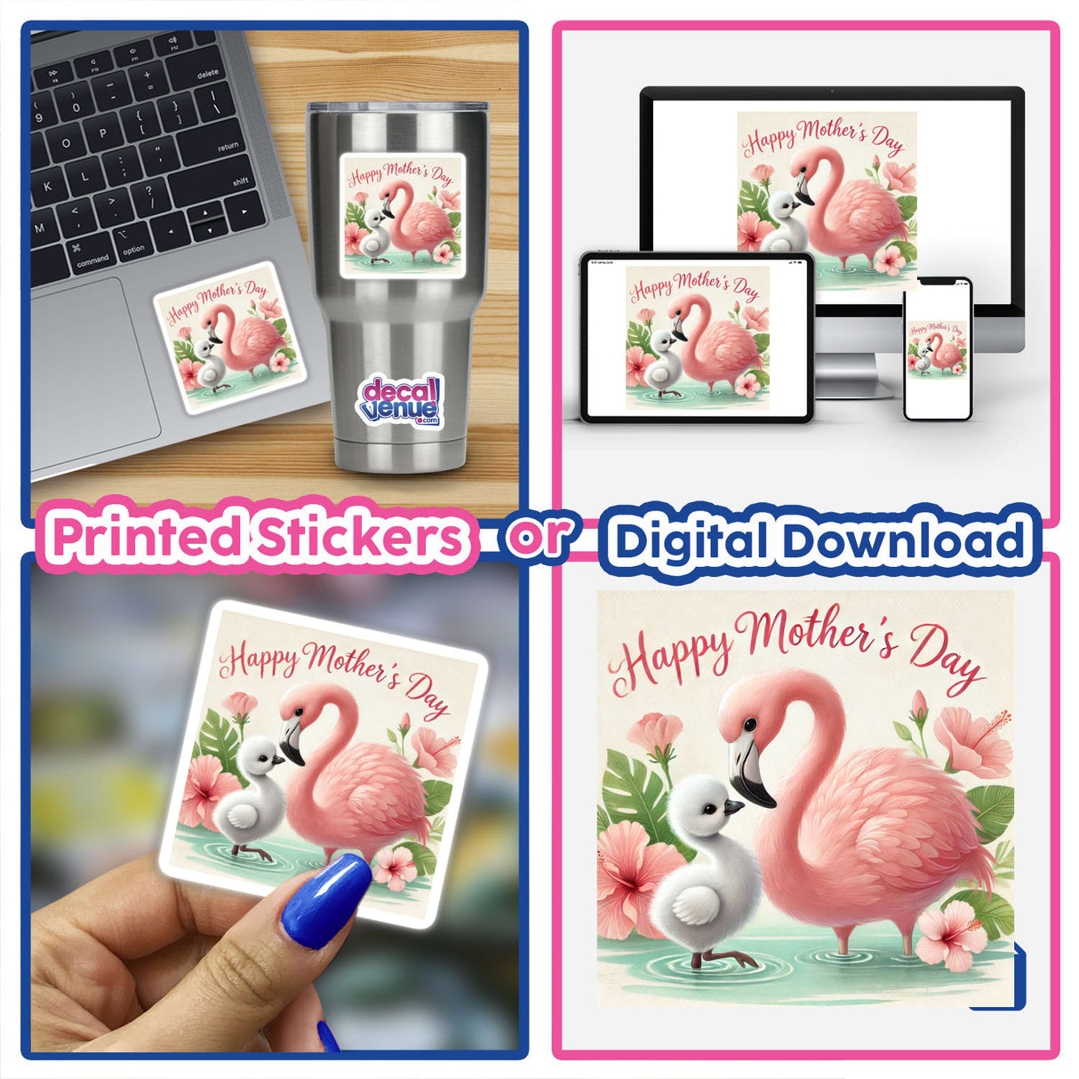 Happy Mothers Day flamingos floral illustration, available as stickers or digital artwork, features elegantly posed flamingos amidst intricate floral designs, embodying Decal Venue's unique vinyl and digital art offerings.