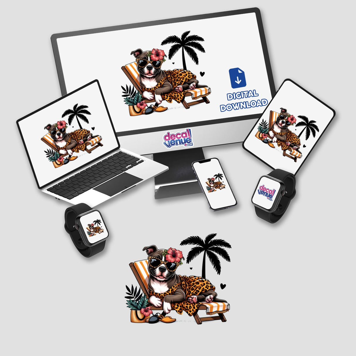 Lounging at Beach Pitbull with Leopard Sarong depicted on a laptop, phone, and smartwatch screen, available as stickers or digital artwork, showcasing a cartoon dog in a stylish leopard dress.