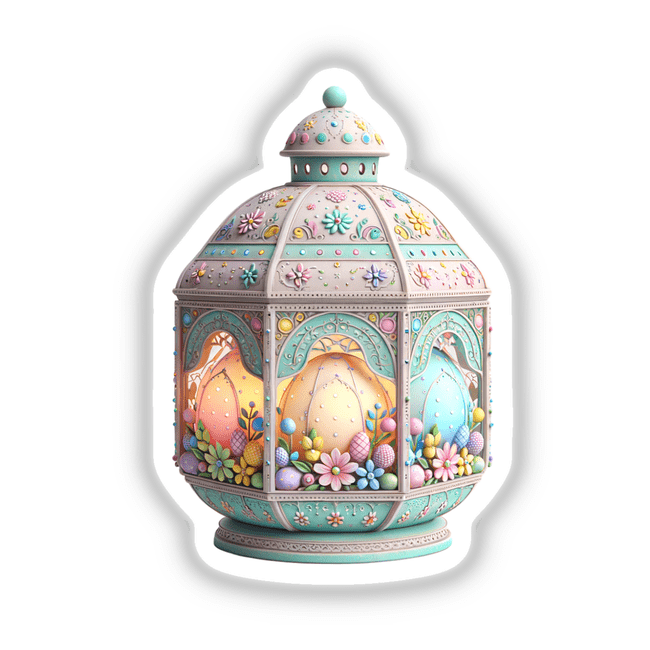 Colorful Easter Lantern Embellished With Flowers featuring decorative eggs and floral accents, available as stickers or digital artwork, representing Decal Venue's unique vinyl sticker and digital art offerings.