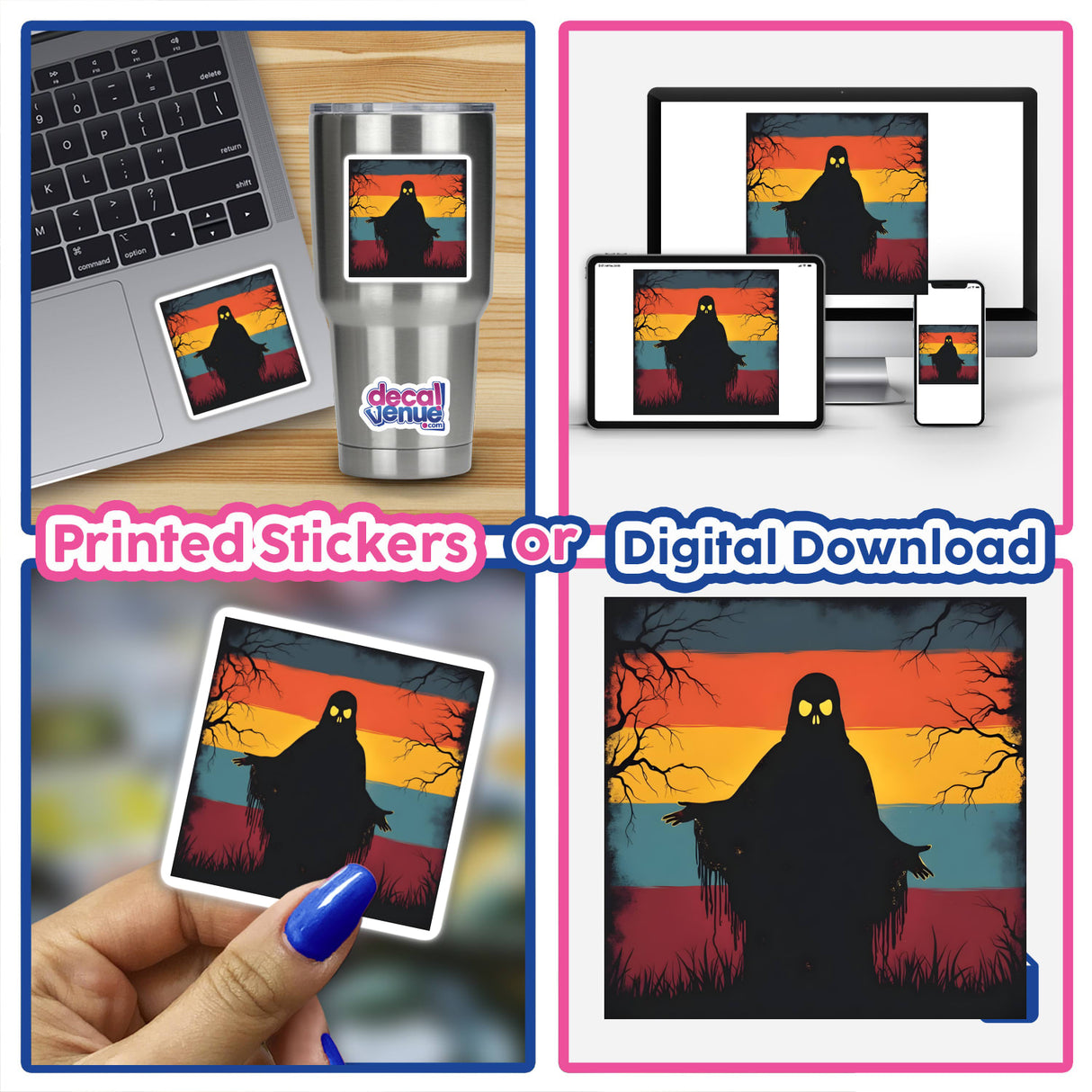 Ghost Silhouette with Bold Color Stripes Halloween sticker collage featuring a hooded figure with glowing eyes, ideal for laptops, cups, and more.