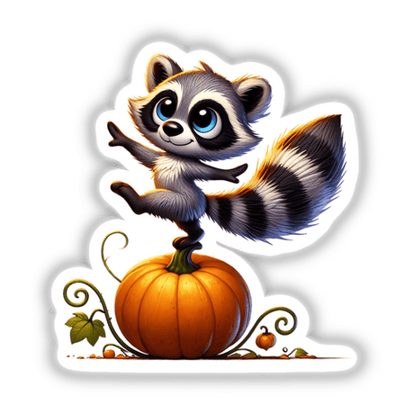 Raccoon Standing on Pumpkin: A cartoon raccoon with big eyes perched on a pumpkin, available as stickers or digital artwork from Decal Venue.