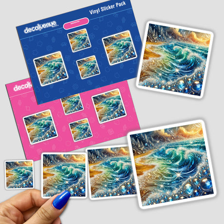 Hand holding Crystal Waters - An Ocean of Shimmering Gemstones stickers featuring wave designs, with blue nail polish visible. Available as stickers or digital artwork from Decal Venue.