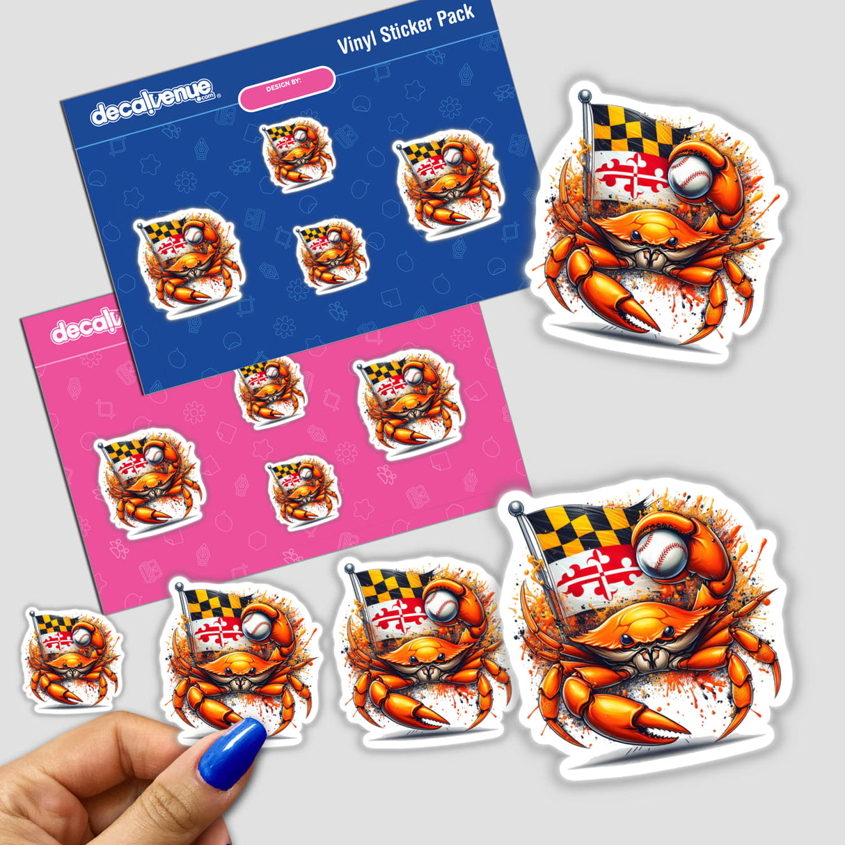 Maryland Steamed Baseball Blue Crab Splatter sticker pack featuring crabs holding flags and baseballs, available as unique vinyl stickers or digital artwork from Decal Venue.