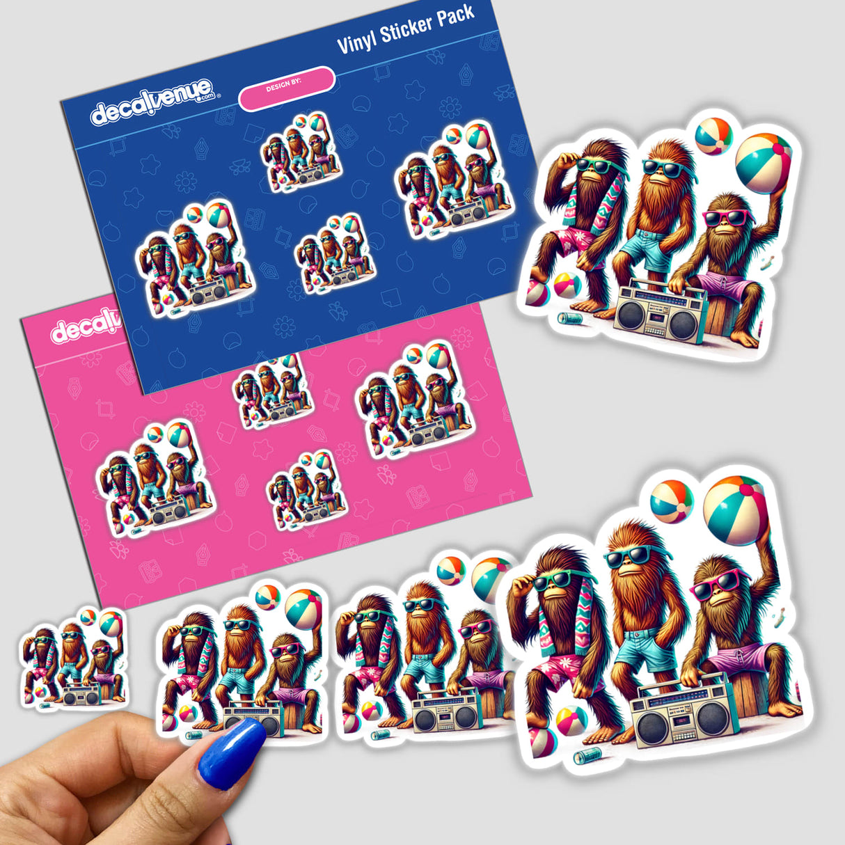 Colorful vinyl stickers featuring a group of fun, party-themed Sasquatch characters at a beach. The stickers depict the Sasquatch characters enjoying various summer activities like dancing, listening to music, and playing with beach balls. The image showcases the vibrant, playful design and details of the "Sasquatch Summer Beach Party" sticker set.