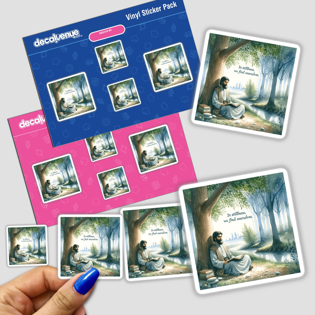 Hand holding Calm Man Under a Tree stickers, showcasing a man seated under a tree reading, embodying the essence of In stillness, we find ourselves. Available as stickers or digital artwork.