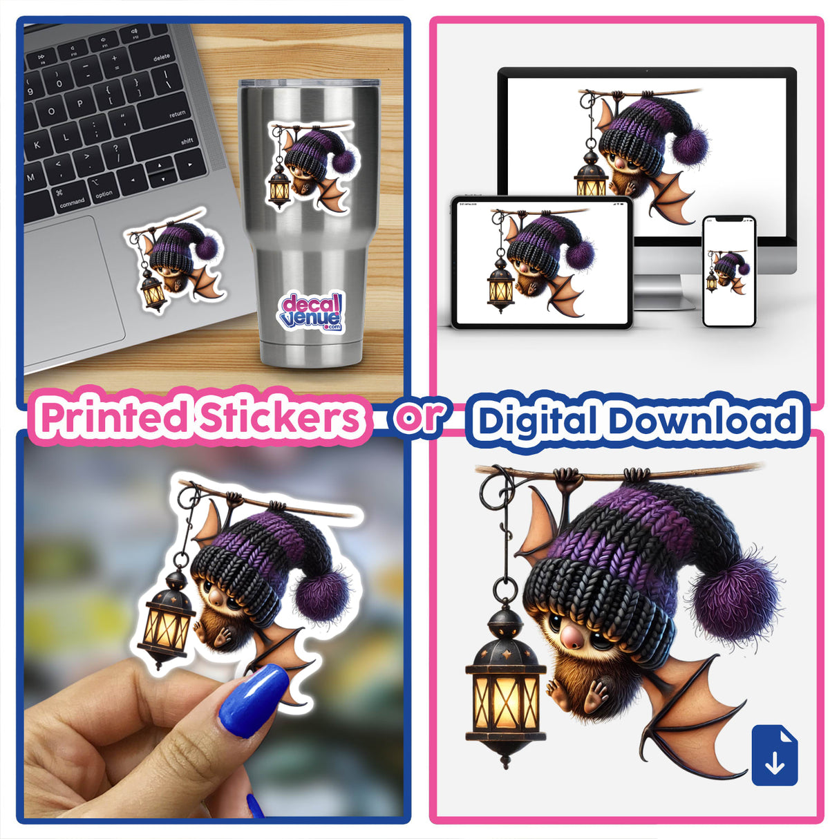 Bat Gnome with Lantern: A collage featuring a cartoon bat gnome holding a lantern, available as stickers or digital artwork.