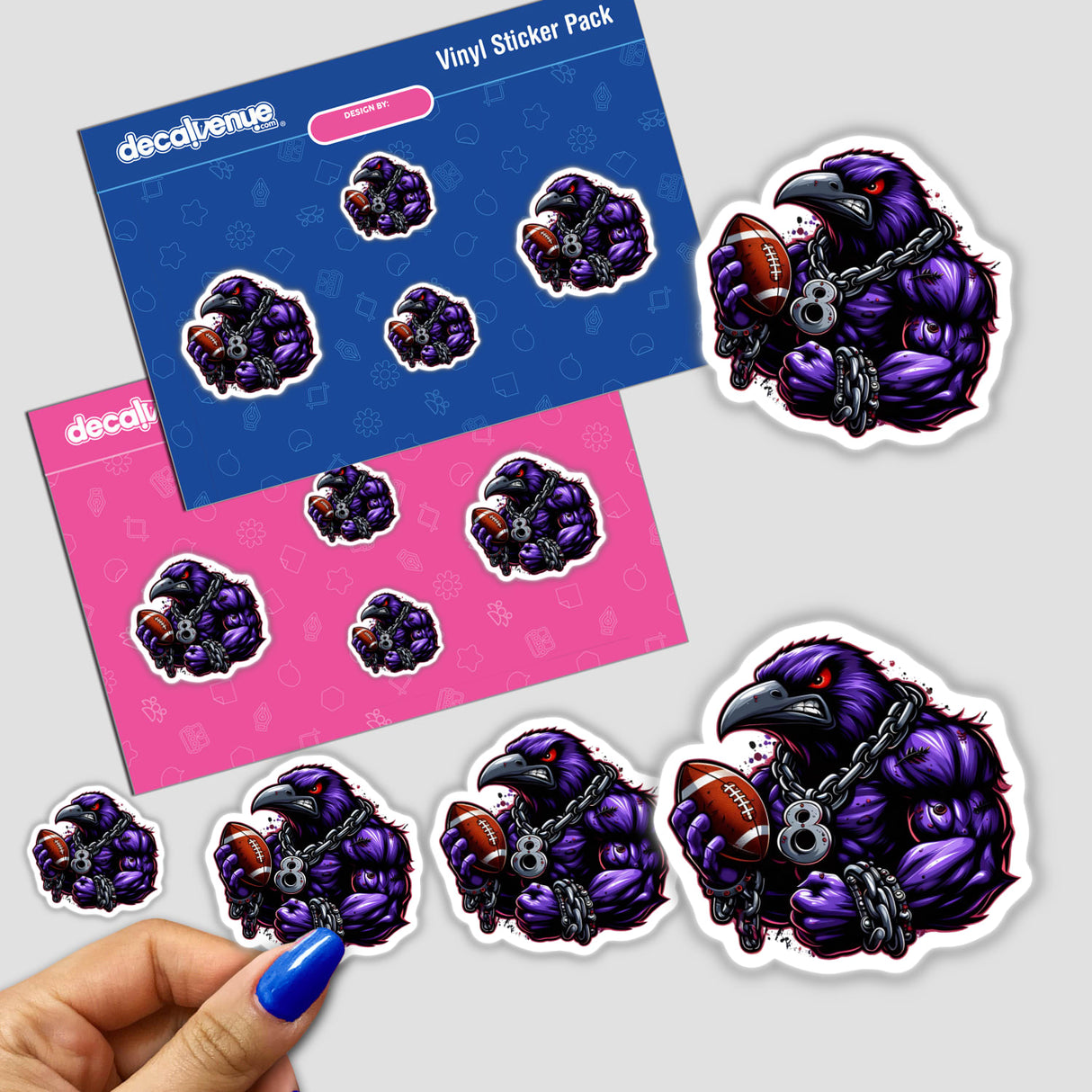 Purple Muscular Raven Football Bird 8 sticker pack features bold, cartoonish die-cut stickers of a powerful purple raven gripping a football, wrapped in chains with a medallion numbered 8.