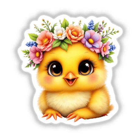 Baby Chick Wearing a Blooming Floral Crown, a charming cartoon design, perfect as a sticker or digital art, showcasing a cute chick with flowers on its head.