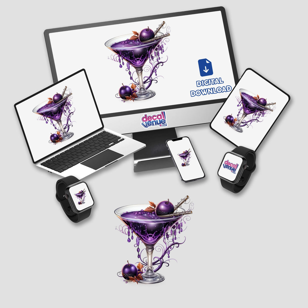 Spooky Purple Martini digital artwork featuring a laptop, monitor, and phone displaying a martini glass surrounded by purple fruits and liquid. Available as stickers or digital artwork.