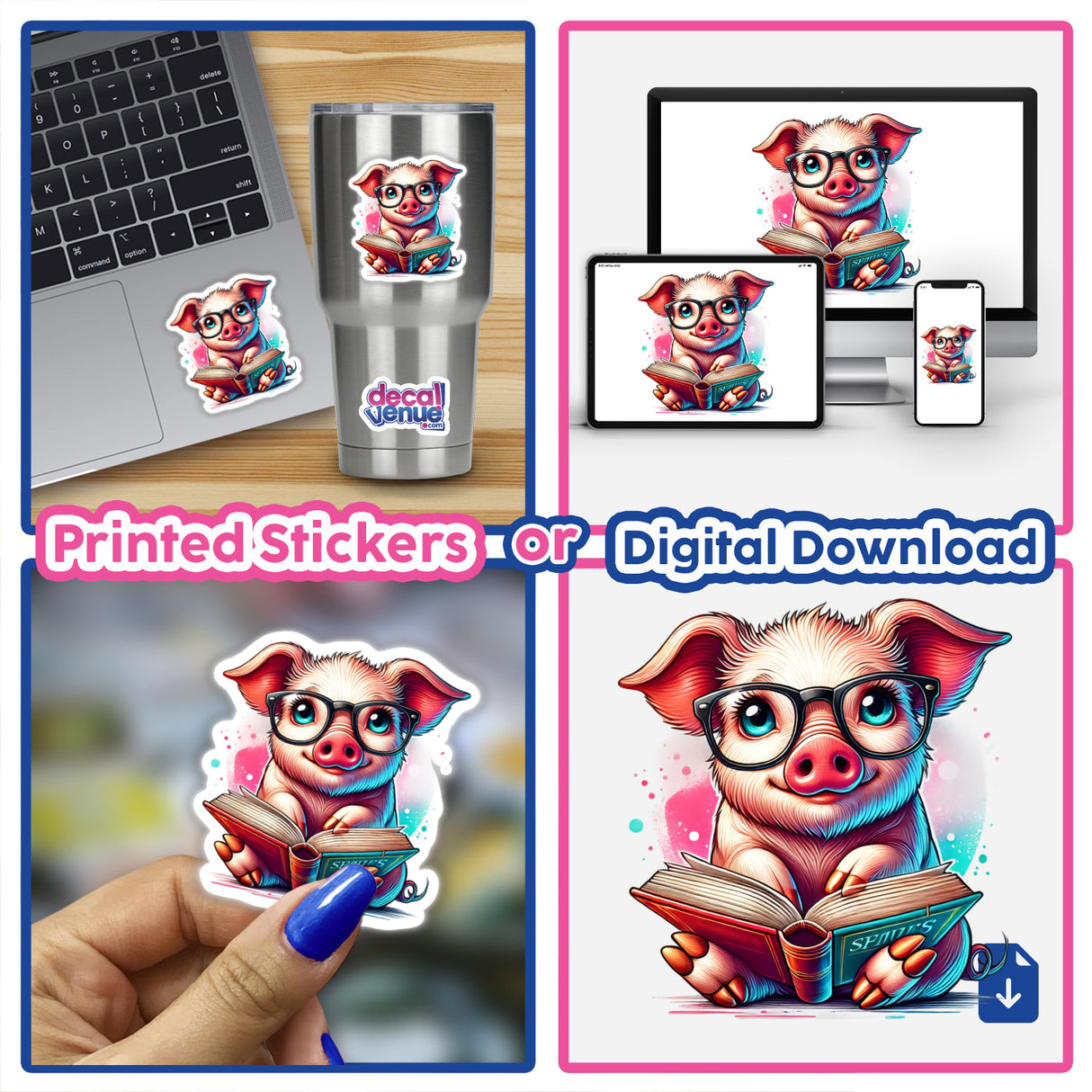 Collage featuring Pig in Reading Glasses with Book as stickers and digital artwork, including a close-up of a hand holding the pig sticker, and various depictions of the cartoon pig reading.