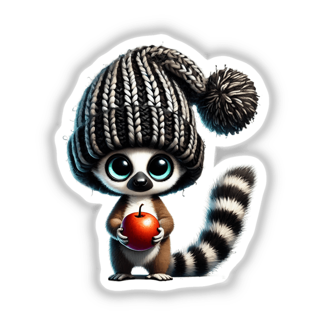 Lemur Gnome Holding Apple: A whimsical cartoon lemur wearing a knitted hat and holding a red apple, available as stickers or digital artwork.