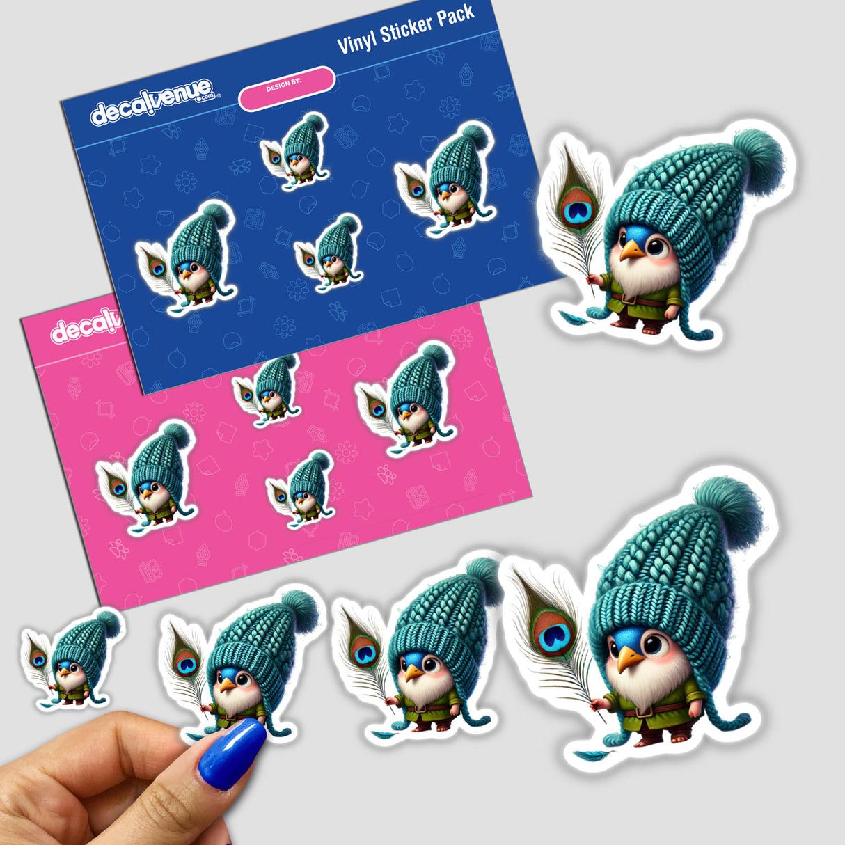 Peacock Gnome with Feather stickers featuring cartoon birds and a peacock feather, available as stickers or digital artwork.