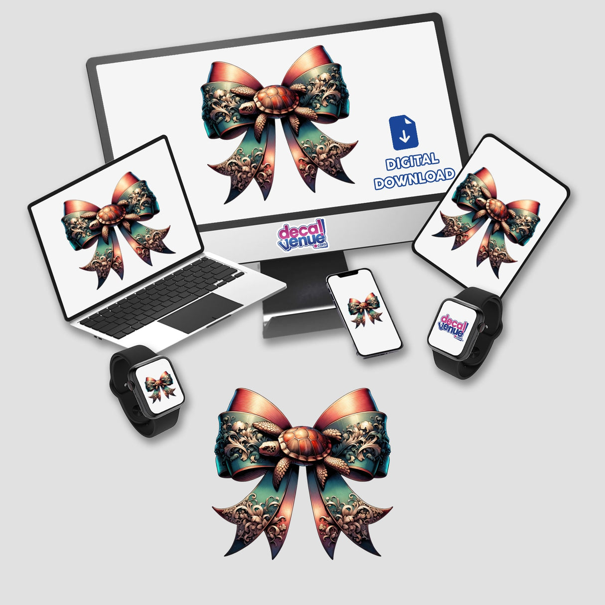 Turtle Coquette Bow: A laptop and phone displaying a turtle on a bow. Available as stickers or digital artwork from Decal Venue.
