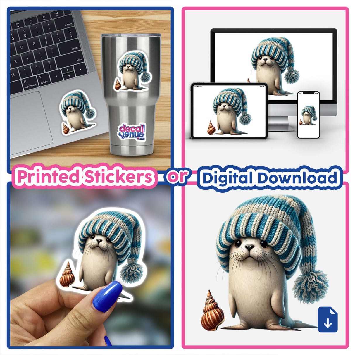 Cute winter gnome with seashell sticker or digital download. Whimsical gnome figure in warm knit cap shown on various devices and surfaces. Suitable for home decor, scrapbooking or mobile device customization.