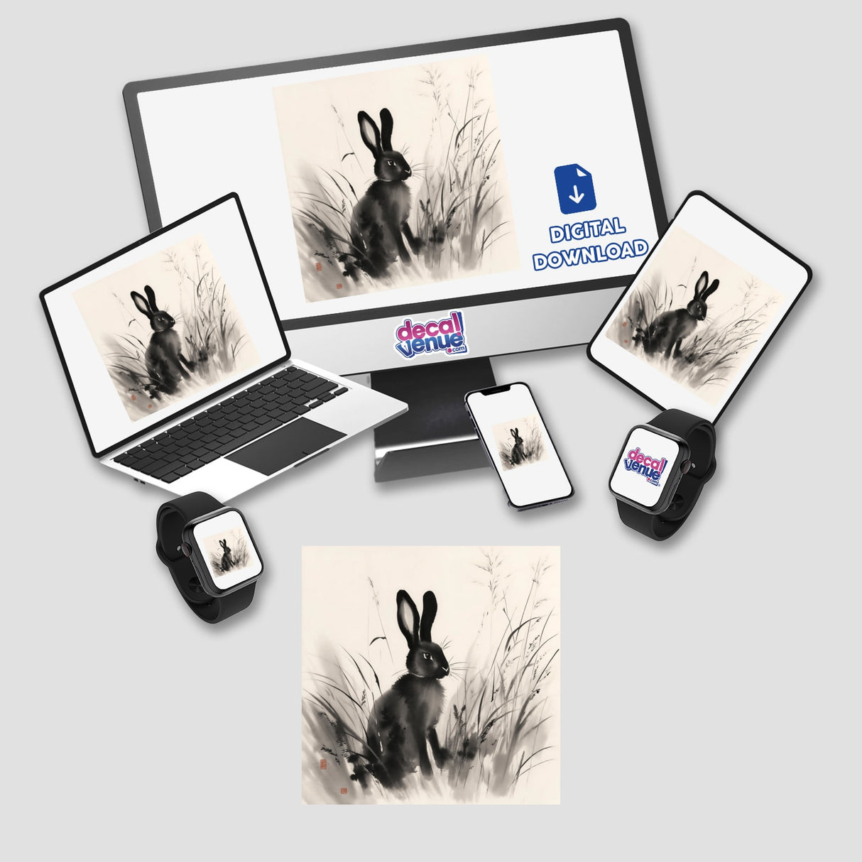 Sumi-e Rabbit Among Wild Grasses Soft Japanese Ink Art, available as stickers or digital artwork, showcasing a delicate rabbit amidst flowing grasses, reflecting traditional ink artistry.