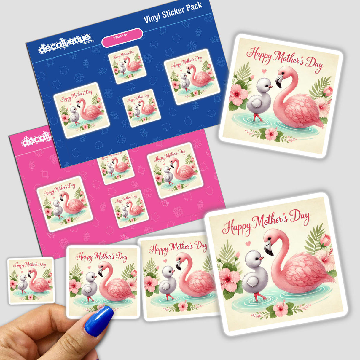 Happy Mother's Day Flamingo and Ducklings Illustration featuring whimsical stickers of flamingos, flowers, and a duckling, perfect for adding a unique touch to any surface or digital project.