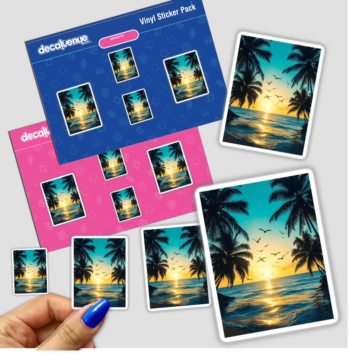 Sticker pack titled Tropical Twilight Seagulls Over Ocean Sunset featuring seagulls, beach, and palm tree designs, held in a hand, available as vinyl stickers or digital artwork.