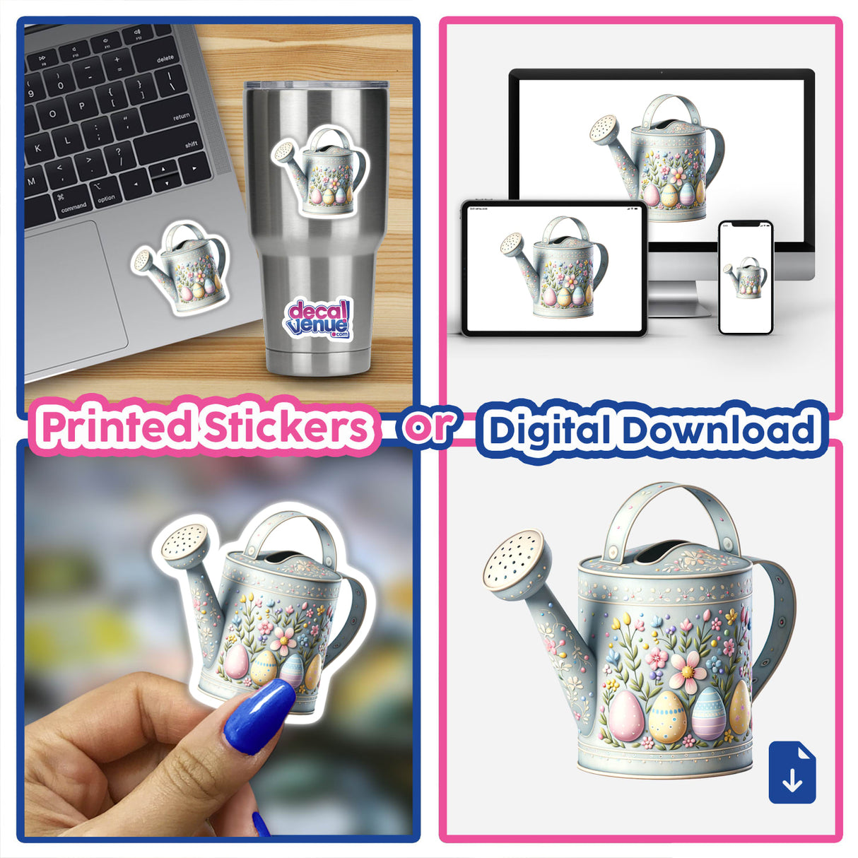 Easter Decorative Watering Can with Floral Design surrounded by stickers and digital artwork elements, showcasing its unique appeal as part of Decal Venue's creative vinyl stickers and art collection.