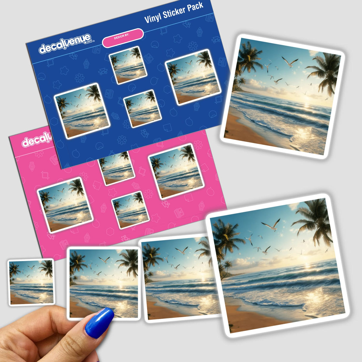 Sticker pack titled Serene Sunrise Seagulls Over Ocean Waves, featuring images of beaches and birds, held in hand. Available as both stickers and digital artwork from Decal Venue.