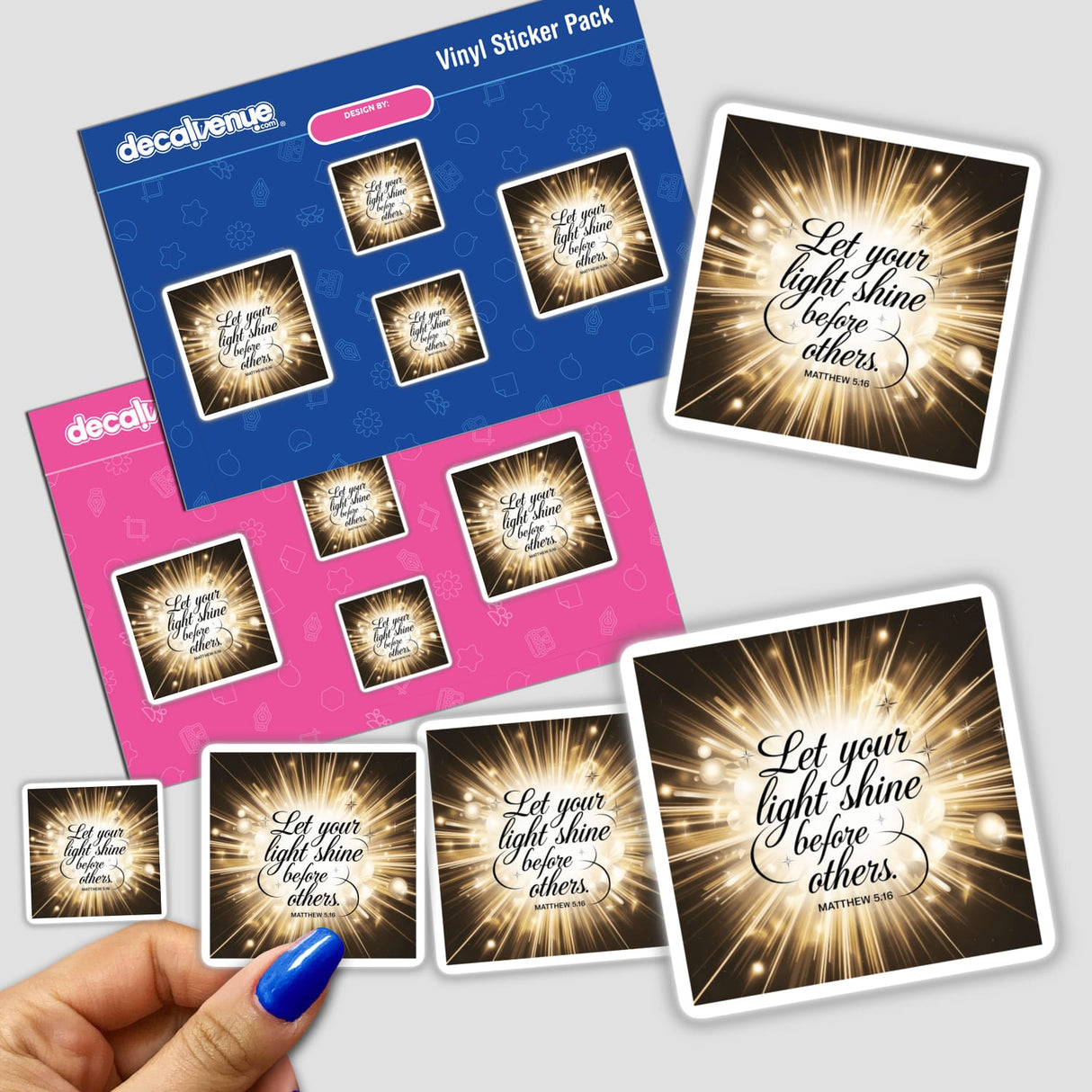 Hand holding a sticker pack featuring the text Let your light shine before others - Matthew 5:16, available as stickers or digital artwork from Decal Venue.