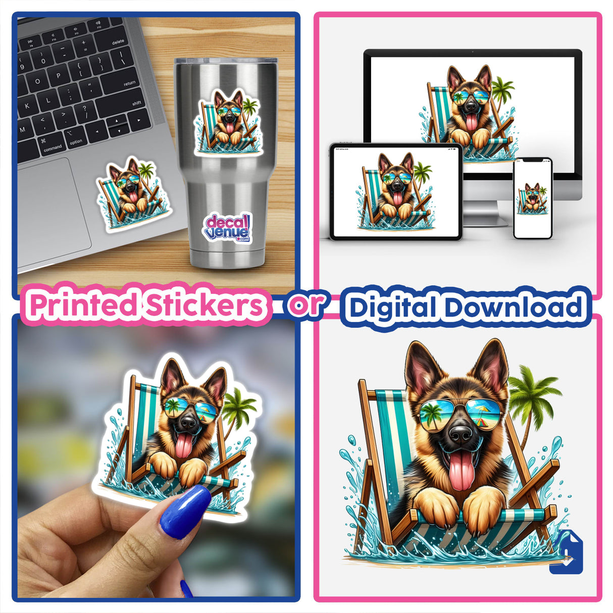 Peeking German Shepherd Dog in Beach Chair sticker; dog wearing sunglasses, depicted on a laptop, embodies playful summertime vibes, perfect for customizing laptops or available as digital artwork.