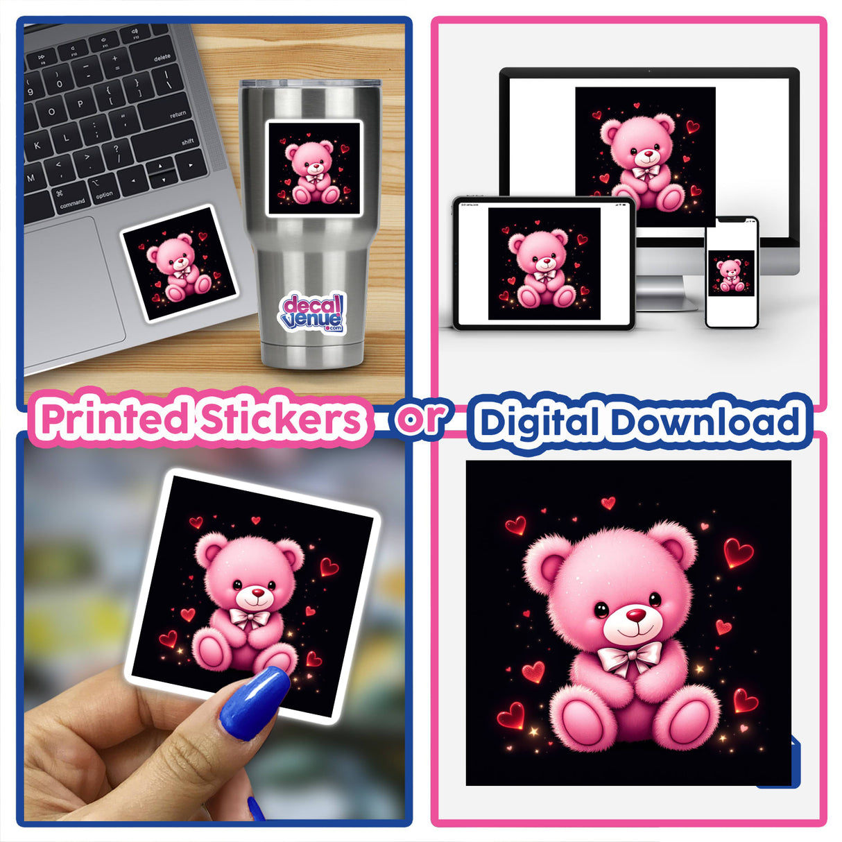 Pink Teddy Bear with White Bow and Red Hearts sticker displayed on a laptop, showcasing its charming design. Available as stickers or digital artwork.