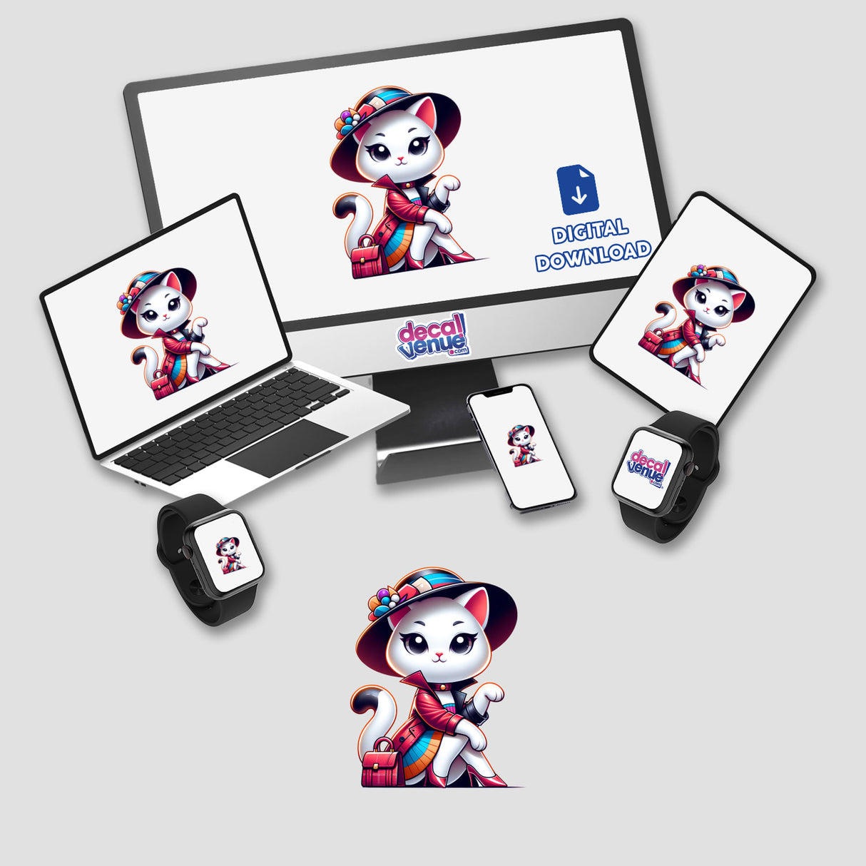 Trendy Cat stickers or digital artwork featuring a cartoon cat on a computer monitor and laptop screen.