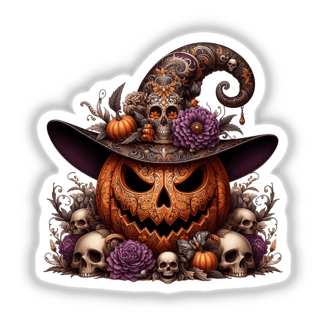 Intricate Witch Pumpkin Mums and Skulls