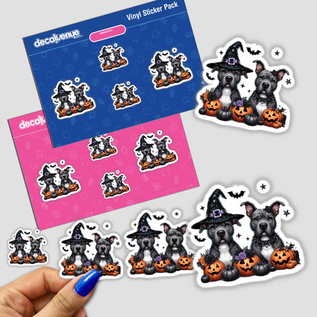 Two Halloween Pitbull Pumpkin Dogs stickers featuring cartoon pitbulls with pumpkins and bats, perfect for Halloween-themed decorations or digital artwork.