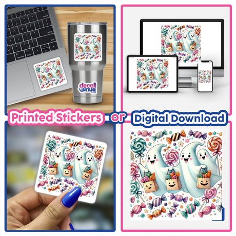 Trick-or-Treat - Ghosts and Candy Watercolor stickers on a laptop, silver cup, and a hand holding cartoon ghost stickers.