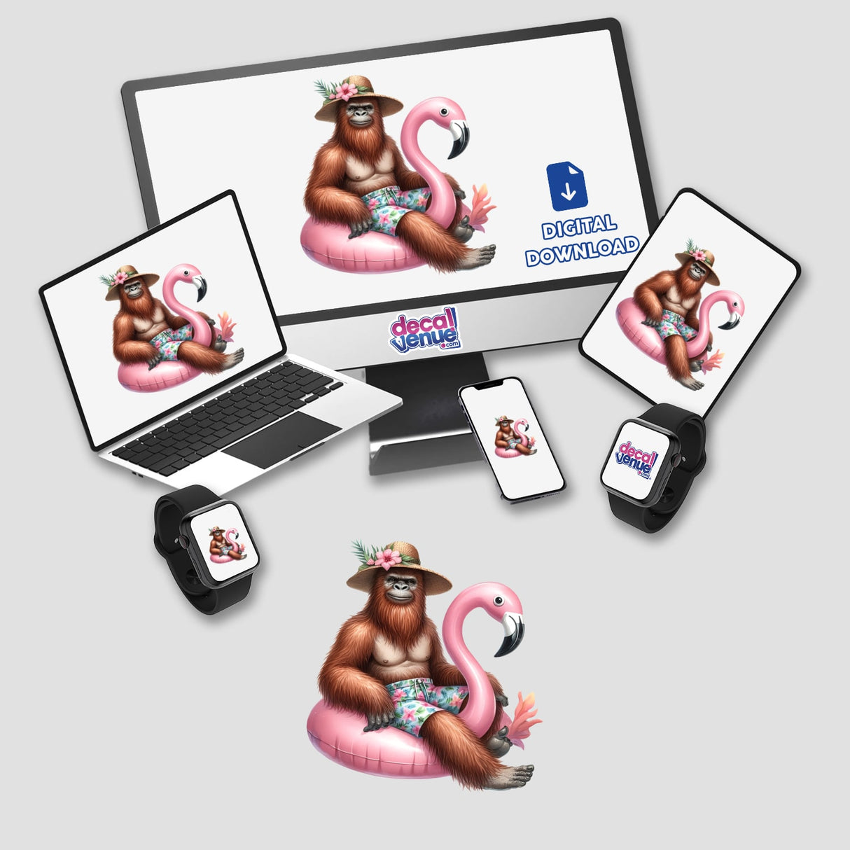 Tropical Sasquatch Sitting in Float II depicted on a computer monitor and laptop, showcasing cartoon gorilla in a hat on a pink flamingo, available as stickers or digital artwork.