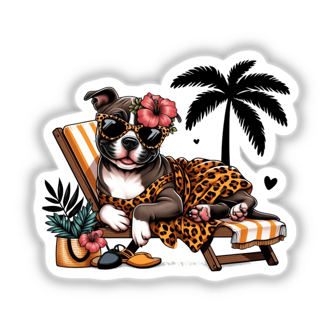 Lounging at Beach Pitbull with Leopard Sarong: A cartoon pitbull in a leopard print sarong and sunglasses, perfect as unique stickers or digital artwork from Decal Venue.