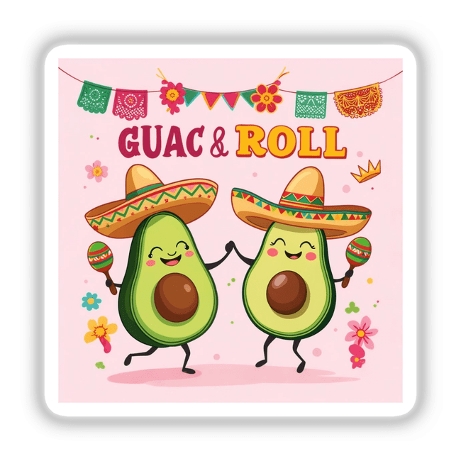 Cute Avocados with Sombreros Guac and Roll features animated avocados in sombreros with maracas, perfect as unique vinyl stickers or digital art from Decal Venue.
