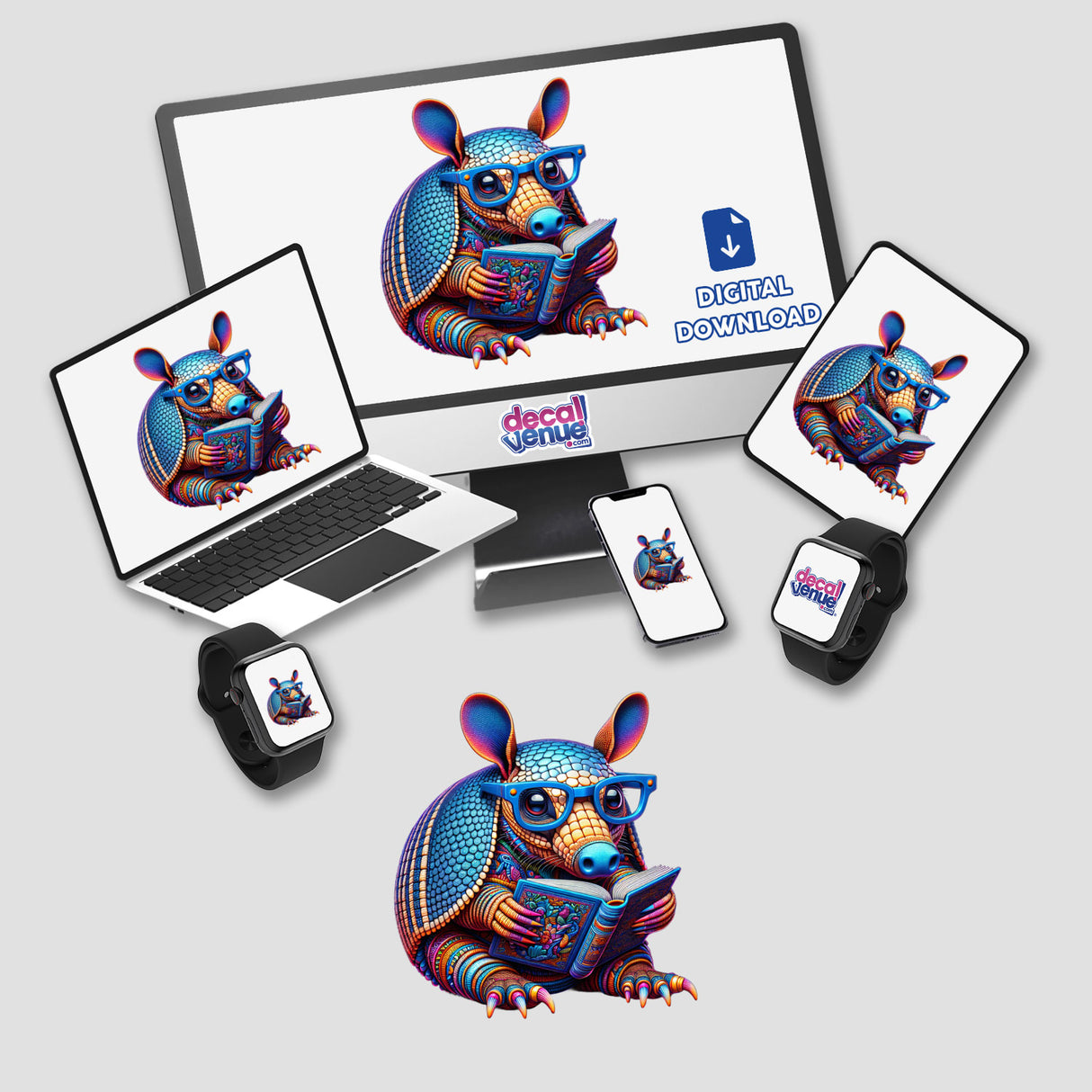 Armadillo With Reading Glasses Open Book displayed on a computer monitor and laptop, available as stickers or digital artwork from Decal Venue.