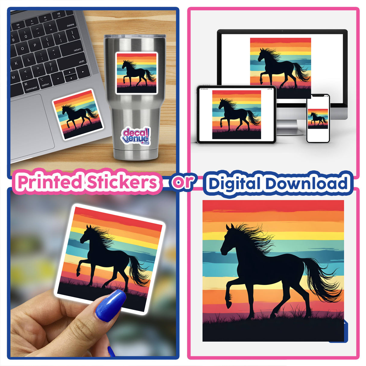 Collage of Horse Silhouette with Dynamic Color Stripes showcasing horse silhouettes, rainbow backgrounds, and a hand holding the artwork. Available as stickers or digital artwork from Decal Venue.