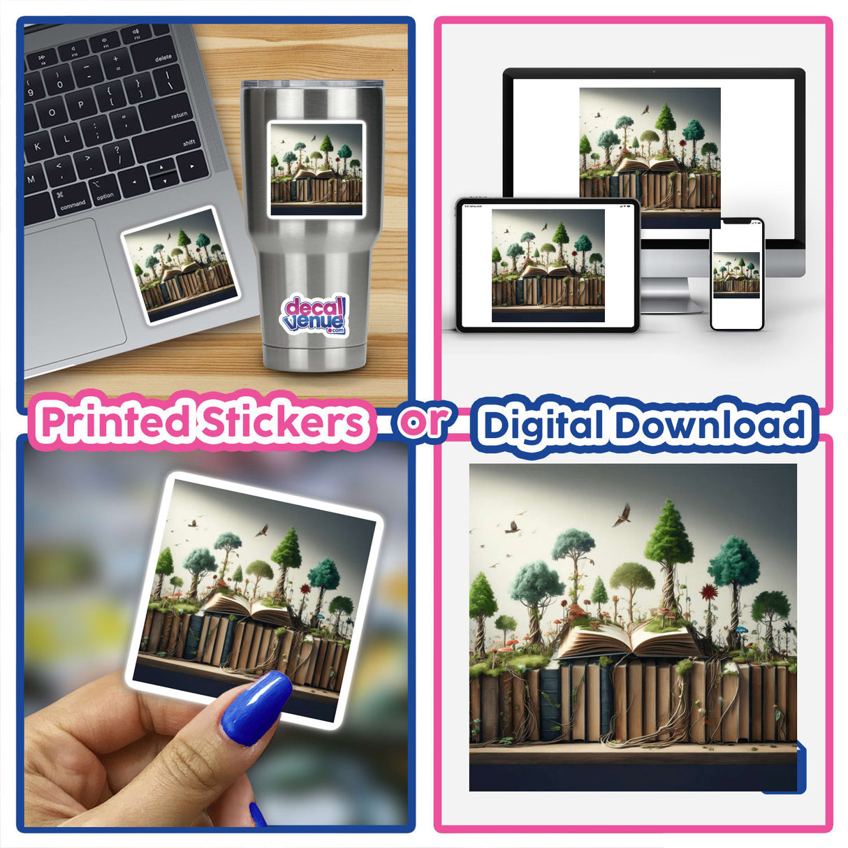 Forest of the Mind - Bookshelf with Trees Growing from the Pages collage featuring trees, a laptop, and a hand holding the artwork, available as stickers or digital artwork from Decal Venue.