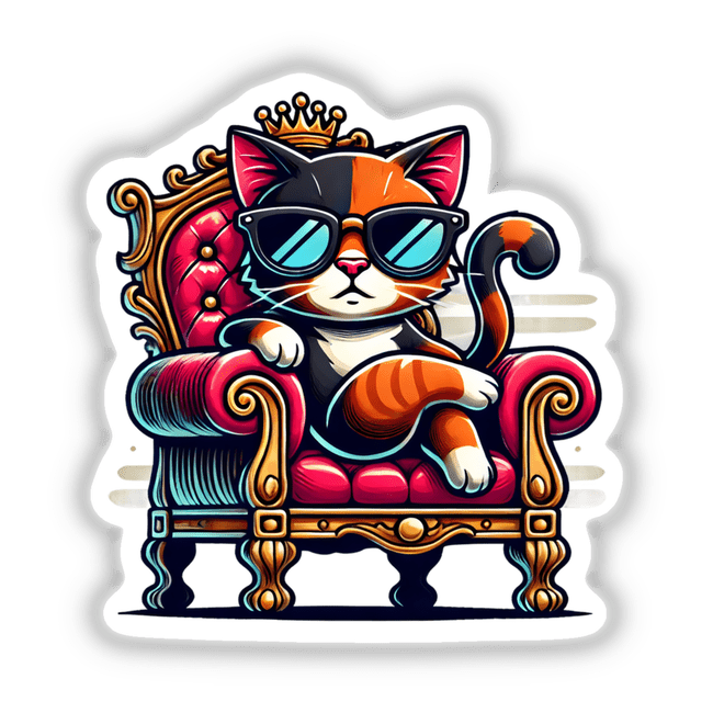 Sassy Cat Royalty Cool Cat on a Throne: Cartoon cat wearing sunglasses, sitting on a red chair with a gold crown, available as stickers or digital artwork.