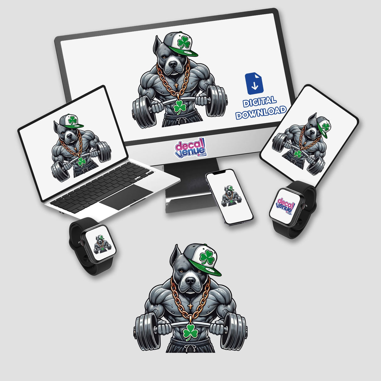 Irish Hip Hop Gym Pitbull transparent design featuring a muscular cartoon dog lifting weights, available as stickers or digital artwork, displayed on a computer monitor and laptop screen.