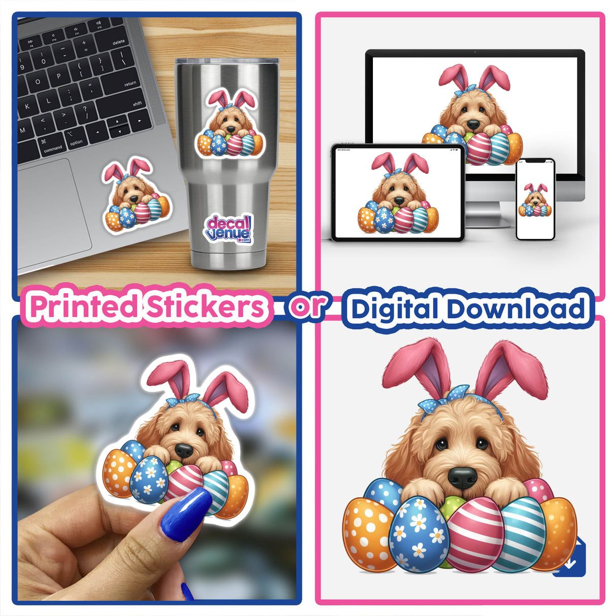 Peeking Easter Goldendoodle Dog sticker featuring a playful dog with bunny ears among Easter eggs, perfect for laptops or digital artwork.