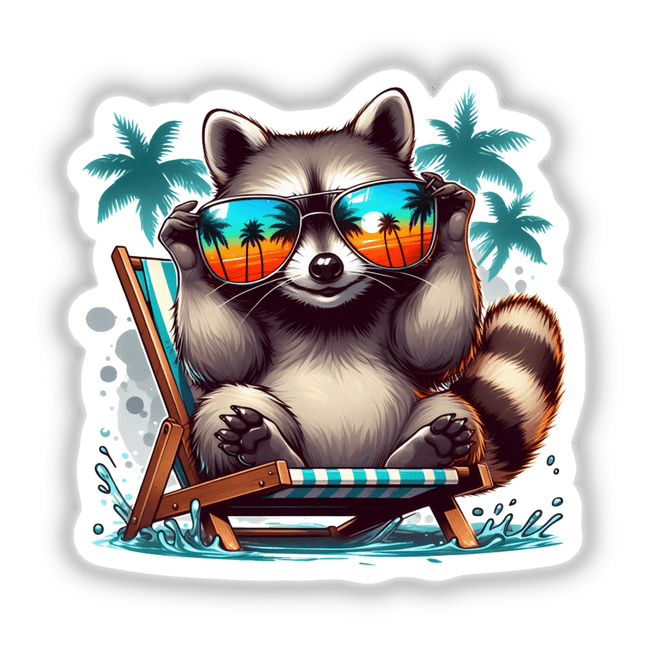Summertime Raccoon on Beach Vacation: Illustration of a raccoon wearing sunglasses, lounging in a chair. Available as unique vinyl stickers or digital artwork from Decal Venue.