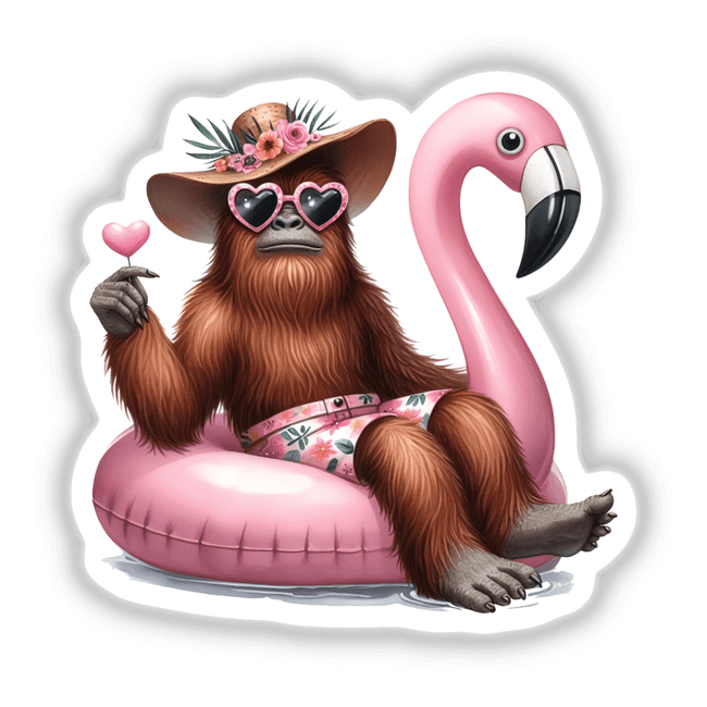 Sasquatch Chillin in Flamingo Float: Cartoon Sasquatch wearing sunglasses and a hat, lounging on a pink flamingo float, available as stickers or digital artwork.