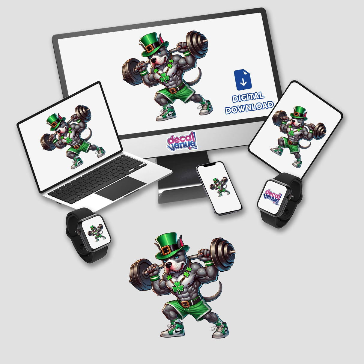 Irish Leprechaun Workout Pitbull Dog II displayed on a computer screen, showcasing a cartoon muscular dog lifting weights. Available as stickers or digital artwork from Decal Venue.
