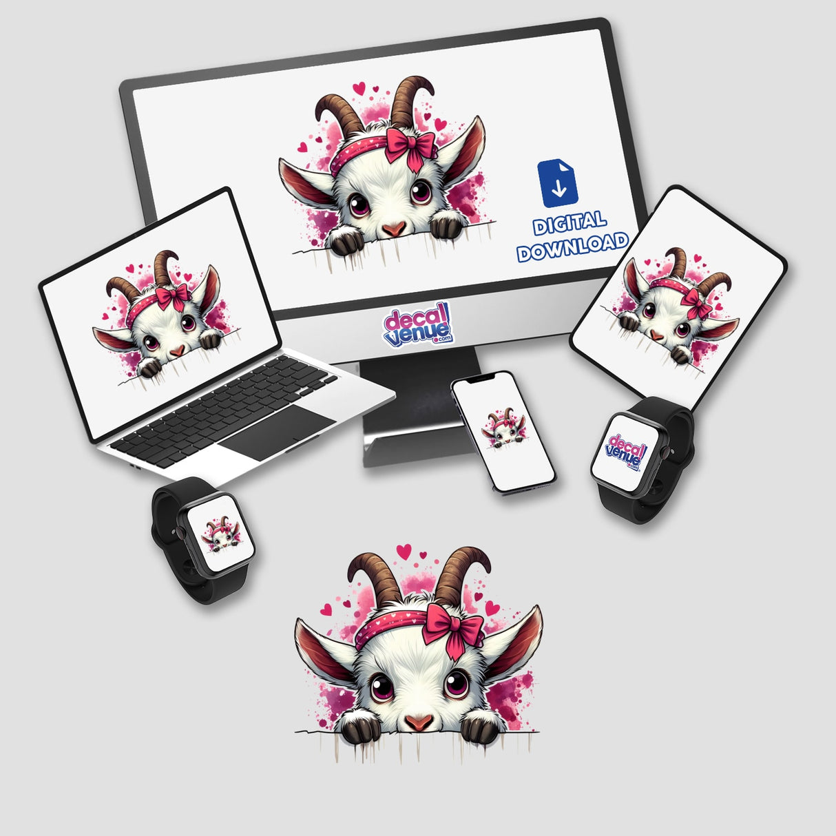 Peeking Goat Heart Splash II on computer and laptop screens, featuring a cartoon goat with a pink bow, reflecting Decal Venue's unique vinyl stickers and digital art offerings.