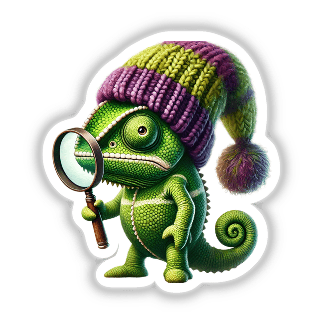 Cute green chameleon with magnifying glass, wearing a colorful hat