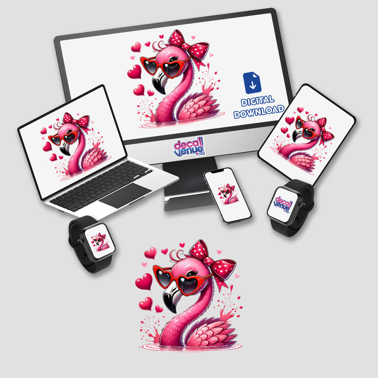 Valentine Flamingo artwork displayed on a monitor and various devices, featuring a pink flamingo with sunglasses and hearts, available as stickers and digital art from Decal Venue.