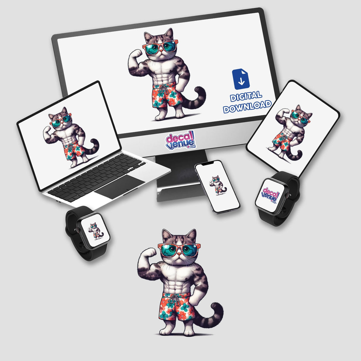 Muscular Bodybuilder Flexing Cat depicted on a computer monitor and laptop screen, showcasing a cartoon cat wearing sunglasses. Available as stickers or digital artwork from Decal Venue.