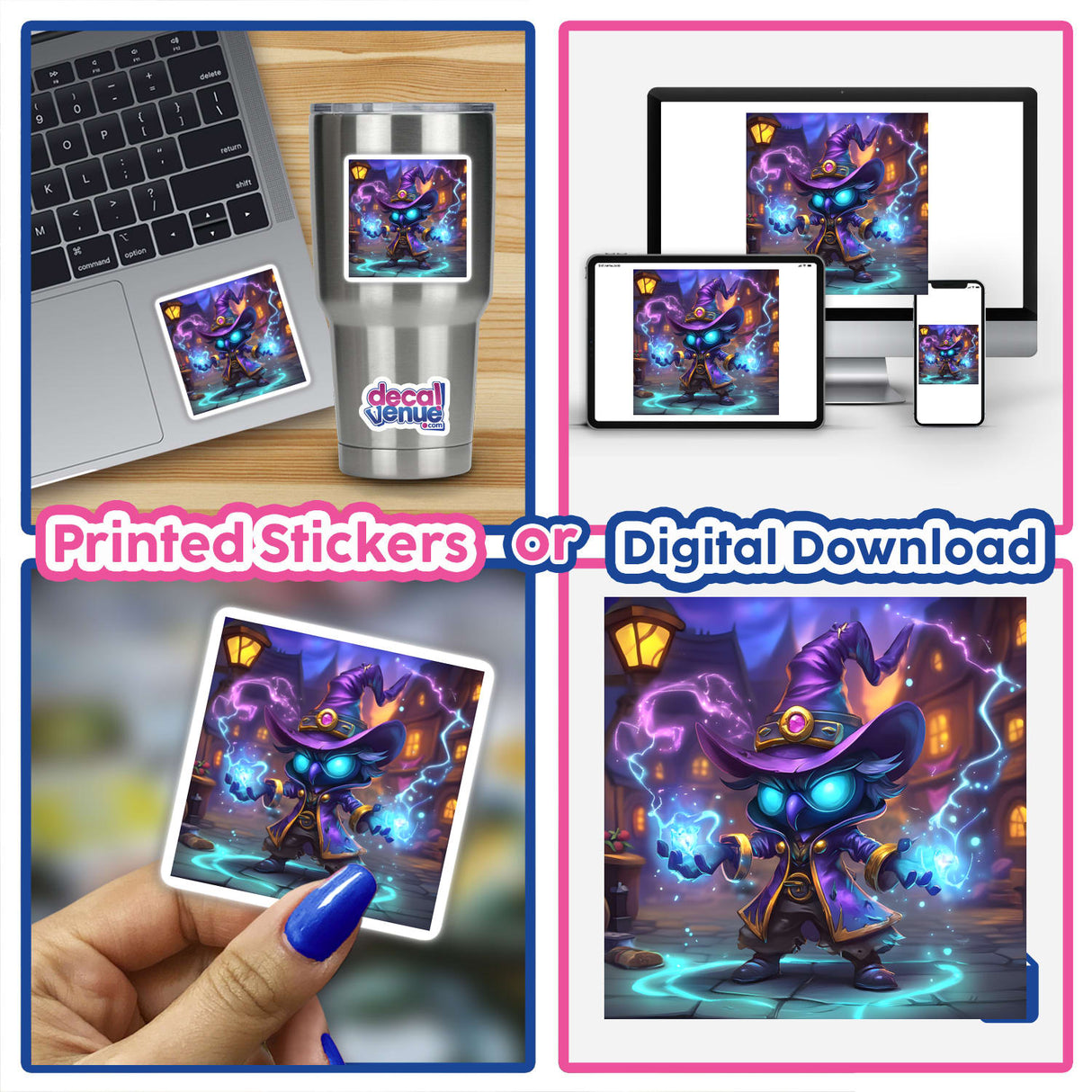 Sorcerer with Glowing Magical Effects sticker or digital artwork, featuring a cartoon sorcerer with mystical lights, available at Decal Venue.